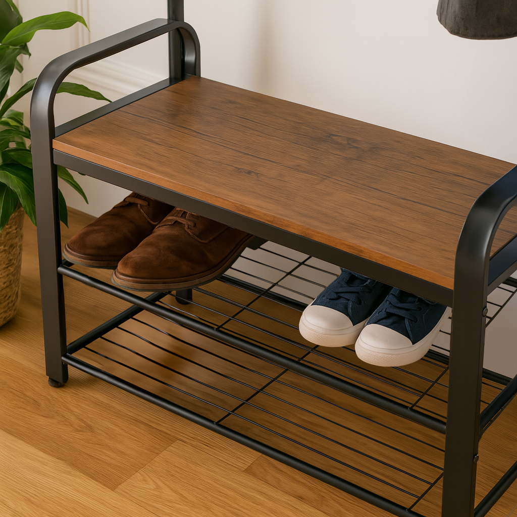 Curved Steel Coat Rack with Shoe Storage Bench