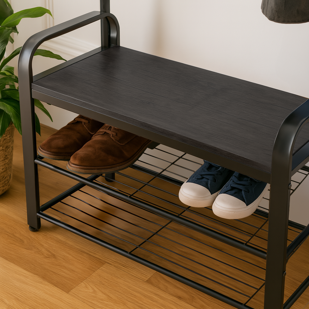 Curved Steel Coat Rack with Shoe Storage Bench