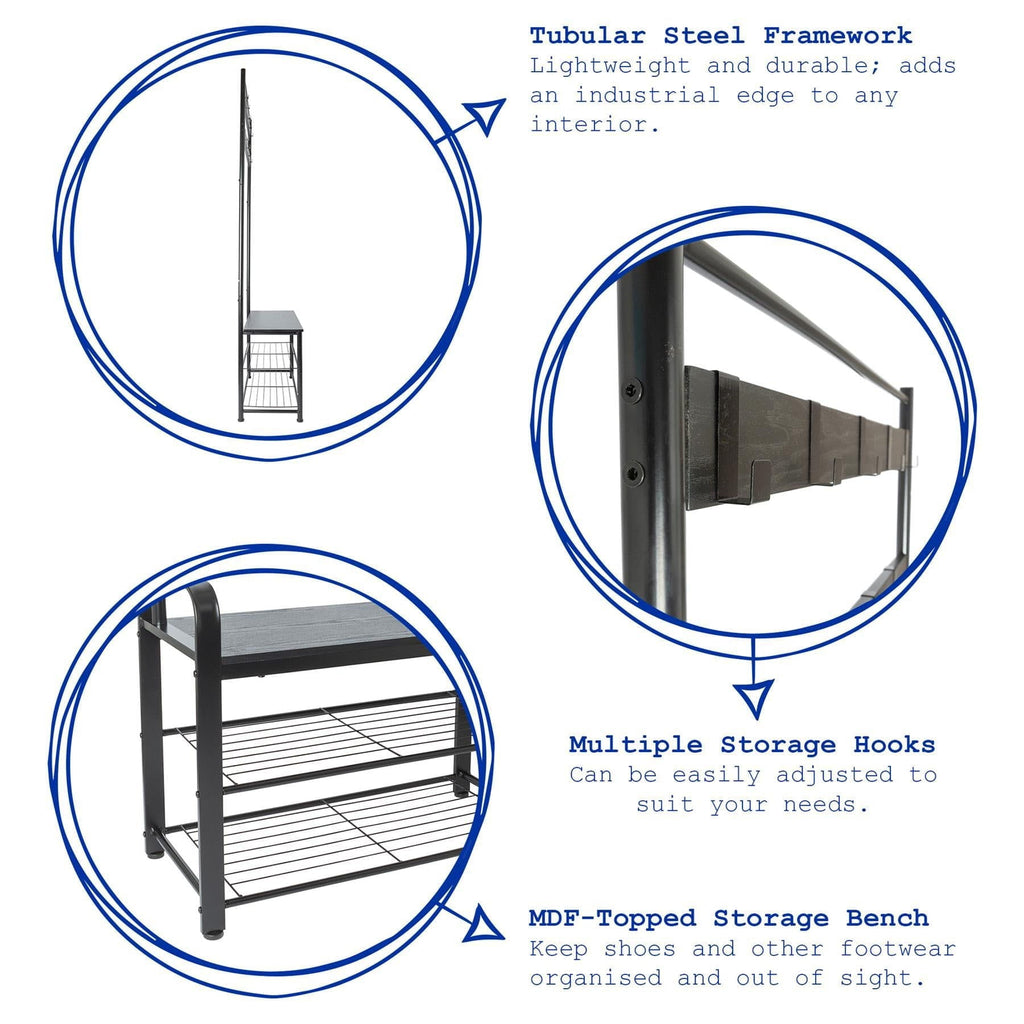Curved Steel Coat Rack with Shoe Storage Bench