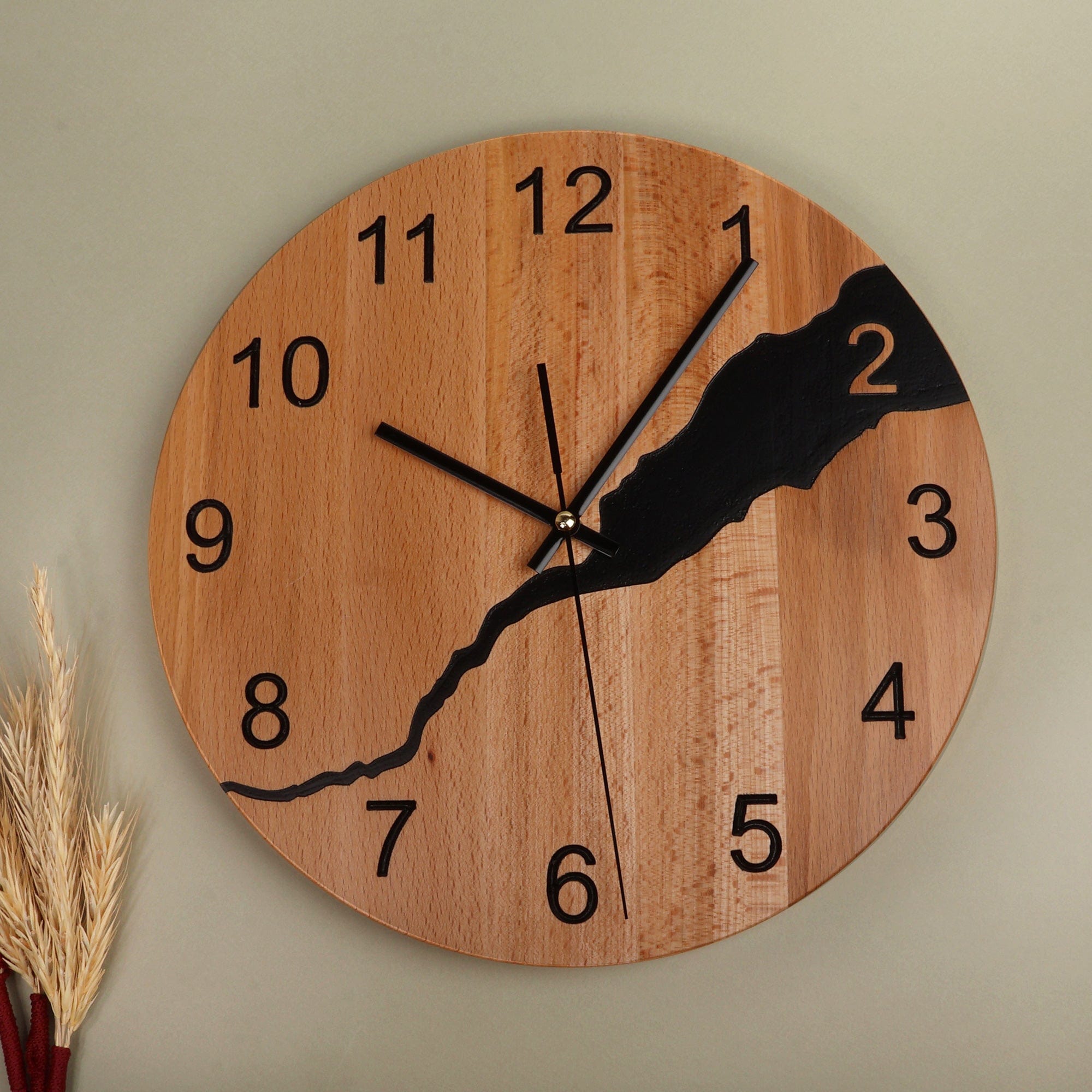 Artisan-Made Round Brown and Black Beech Wood Wall Clock - Midnight Time