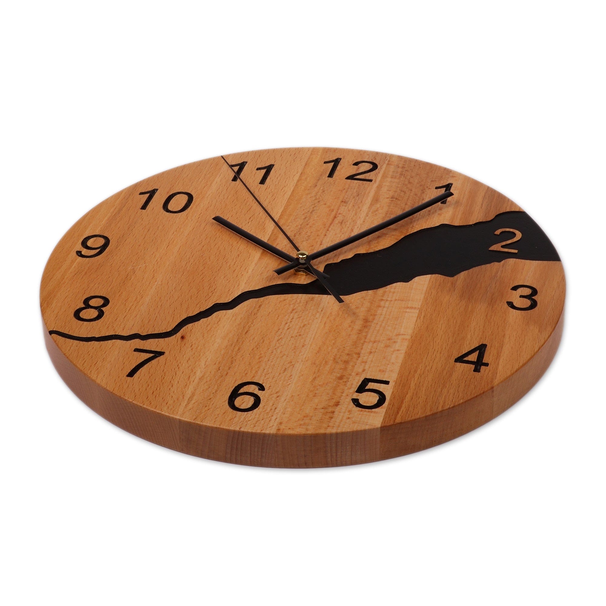 Artisan-Made Round Brown and Black Beech Wood Wall Clock - Midnight Time